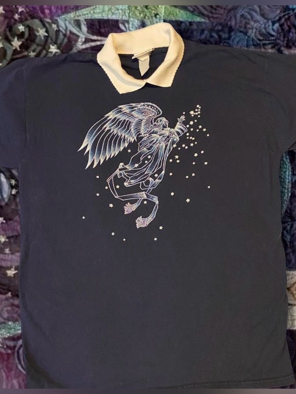 Vintage Angel Graphic Polo Tee in Navy with White Collar